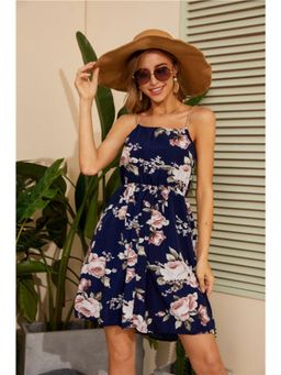 Oh Rare - Womens Suspender A Line Woven Beaded Rope Printed Dress Navy Blue