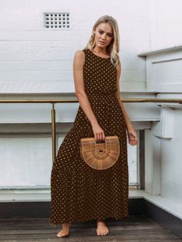 Oh Rare - Womens Polka Dot Round Neck Long Maxi Dress Brown