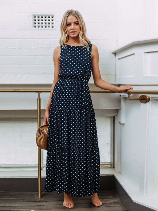 chinese dress ladies Juliette Navy Blue Polka Dot Chiffon Maxi Dress main image 0