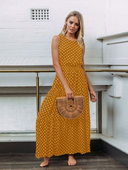 Oh Rare - Womens Polka Dot Round Neck Long Maxi Dress Orange