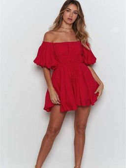 Oh Rare - Womens One Line Elastic Waist Fresh & Sweet Swing Mini Dress Red