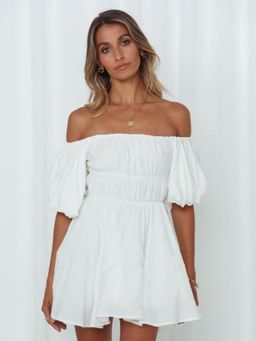 Oh Rare - Womens One Line Elastic Waist Fresh & Sweet Swing Mini Dress White