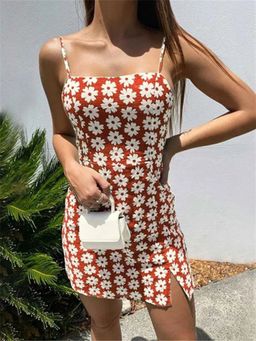Oh Rare - Womens Beach Mini Printed Backless Suspender Slim Mini Dress Red