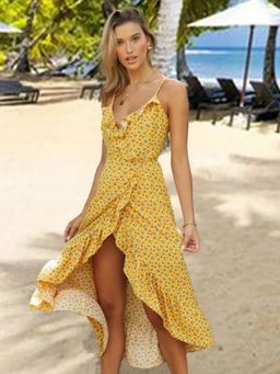 Oh Rare - Womens Suspender Holiday Floral Print Midi Dress Mustard