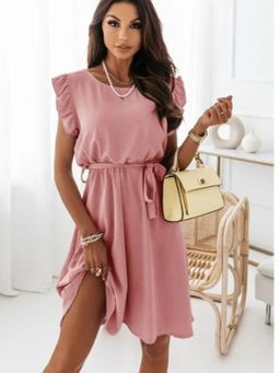 Oh Rare - Womens Solid Color Lotus Leaf Splicing Sleeve Waist Strap Mini Dress Pink