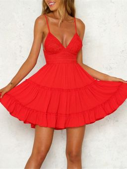 Oh Rare - Womens Suspender Stitching Backless Bow Princess Mini Dress Red