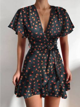 Oh Rare - Womens New V-Neck Ruffled Belt Wrap Mini Dress with Belt Black (Set of 2)