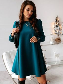 Oh Rare - Womens Style Round Neck Metal Button Mini Dress Teal