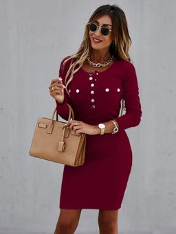 Oh Rare - Womens Round Neck Button Dress Magenta