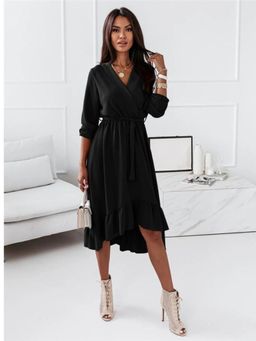 Oh Rare - Womens Elegant Ruffled Long Midi Dress with Belt Black (Set of 2)