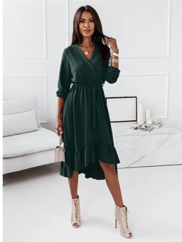 Oh Rare - Womens Elegant Ruffled Long Midi Dress with Belt Green (Set of 2)