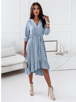 Oh Rare - Womens Elegant Ruffled Long Midi Dress with Belt Blue (Set of 2)