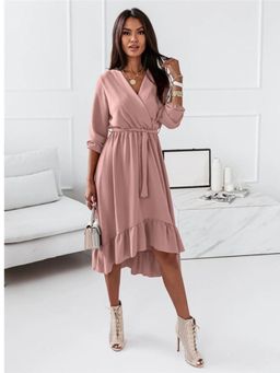 Oh Rare - Womens Elegant Ruffled Long Midi Dress with Belt Pink (Set of 2)