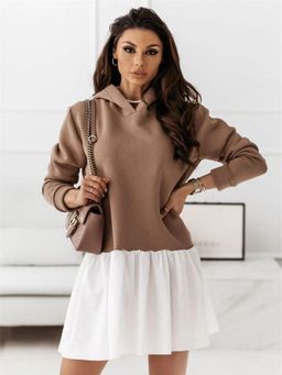 Oh Rare - Womens New Fake Two Piece Mini Dress Hooded Splicing Mini Dress Brown