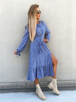 Oh Rare - Womens Round Neck Printed Slit Midi Dress Blue