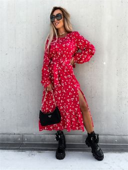 Oh Rare - Womens Round Neck Printed Slit Midi Dress Red