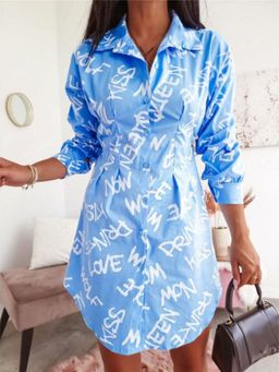 Oh Rare - Womens Casual Short Long Sleeve Letter Print Slim Fit Mini Dress Blue