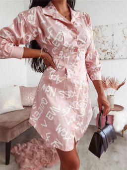 Oh Rare - Womens Casual Short Long Sleeve Letter Print Slim Fit Mini Dress Pink