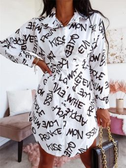 Oh Rare - Womens Casual Short Long Sleeve Letter Print Slim Fit Mini Dress White