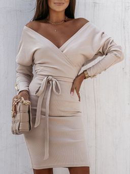 Oh Rare - Womens Solid Color Strappy Mini Dress with Belt Beige (Set of 2)