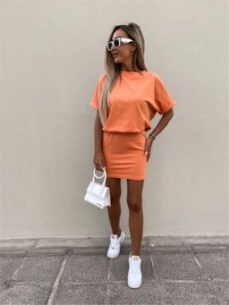Oh Rare - Womens Solid Color Hip Hugging Pencil Shaped Casual Mini Dress Orange