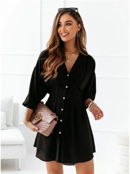 Oh Rare - Womens Solid Color Shirt Collar Mini Dress Black