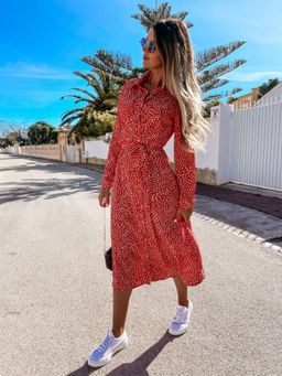 Oh Rare - Womens Midi Dress with Belt Length Floral Print Red (Set of 2)