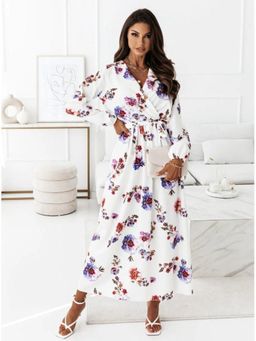 Oh Rare - Womens Printed Belt Slit Long Maxi Dress with Belt White (Set of 2)
