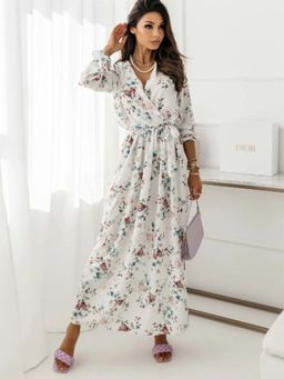 Oh Rare - Womens Printed Belt Slit Long Maxi Dress with Belt Off White (Set of 2)