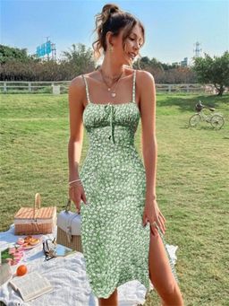 Oh Rare - Womens Floral Elegant Midi Dress Green