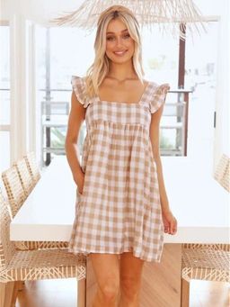 Oh Rare - Womens Square Neck Loose Ruffled Sleeves Mini Dress Brown