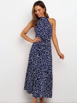 Oh Rare - Womens Bohemian Beach Long Maxi Dress with Belt Navy Blue (Set of 2)