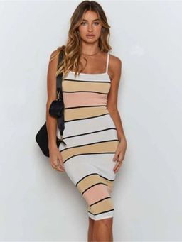 Oh Rare - Womens Suspender Contrast Striped Sleeveless Tight Midi Dress Beige