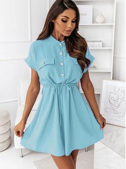 Oh Rare - Womens Ruffled Round Neck Waist Mini Dress Summer Blue