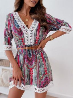 Oh Rare - Womens Printed Casual Lace Mini Dress with Belt Multi-Color (Set of 2)