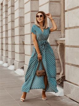 Oh Rare - Womens V-Neck Bohemian Slit Maxi Dress with Belt Green (Set of 2)