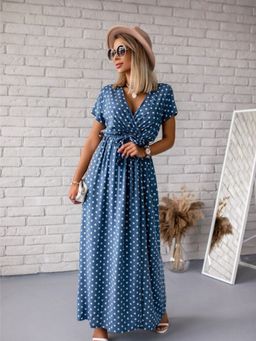 Oh Rare - Womens V-Neck Bohemian Slit Maxi Dress with Belt Navy Blue (Set of 2)