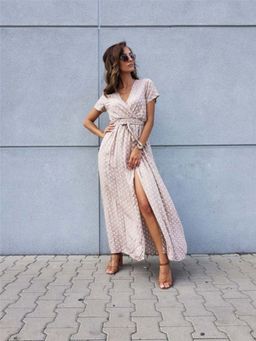 Oh Rare - Womens V-Neck Bohemian Slit Maxi Dress with Belt Beige (Set of 2)