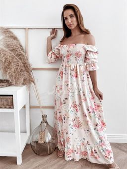 Oh Rare - Womens Printed Off Shoulder Elegant Long Maxi Dress Beige