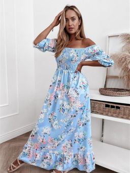 Oh Rare - Womens Printed One Shoulder Elegant Long Maxi Dress Blue & Pink