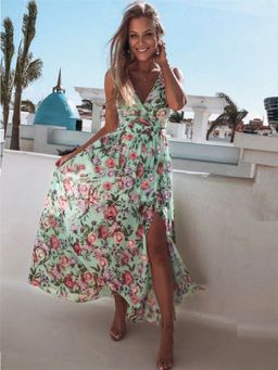 Oh Rare - Womens Holiday Beach Floral Chiffon Maxi Dress Sleeveless Green