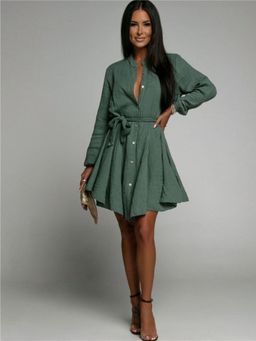 Oh Rare - Womens V-Neck Casual Mini Dress with Belt Olive (Set of 2)