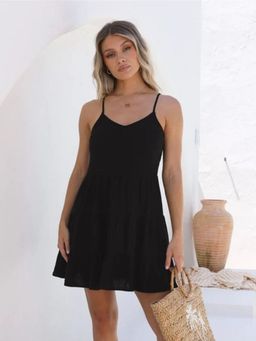 Oh Rare - Womens Solid Color Suspender Mini Dress Black