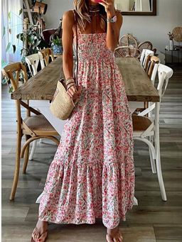Oh Rare - Womens Printed Suspender Swing Maxi Dress Pink