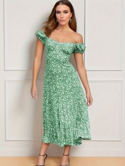 Oh Rare - Womens Midi Dress Off Shoulder Printed Long Midi Dress Green