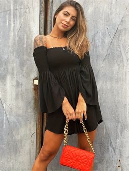 Oh Rare - Womens Solid Color Off Shoulder Trumpet Sleeve Mini Dress Black