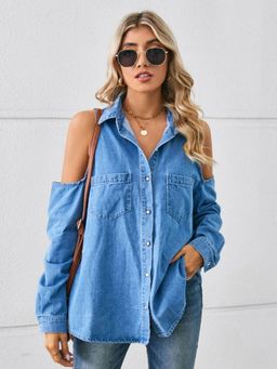 Oh Rare - Blue Cold-Shoulder Sleeves Shirt
