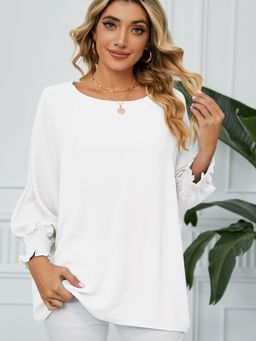 Oh Rare - White Round Neck long Cuffed Sleeves Regular Top