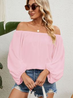 Oh Rare - Pink Off-Shoulder Balloon Sleeve Bardot Top