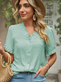 Oh Rare - Green Lace Inserts V-Neck Top